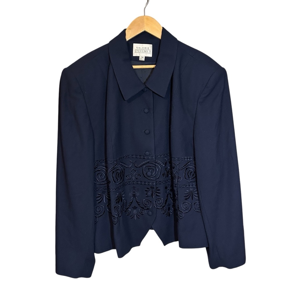 Valerie Stevens Plus Sz 24W Jacket Blazer Navy Embroidered Boxy Lined Officewear